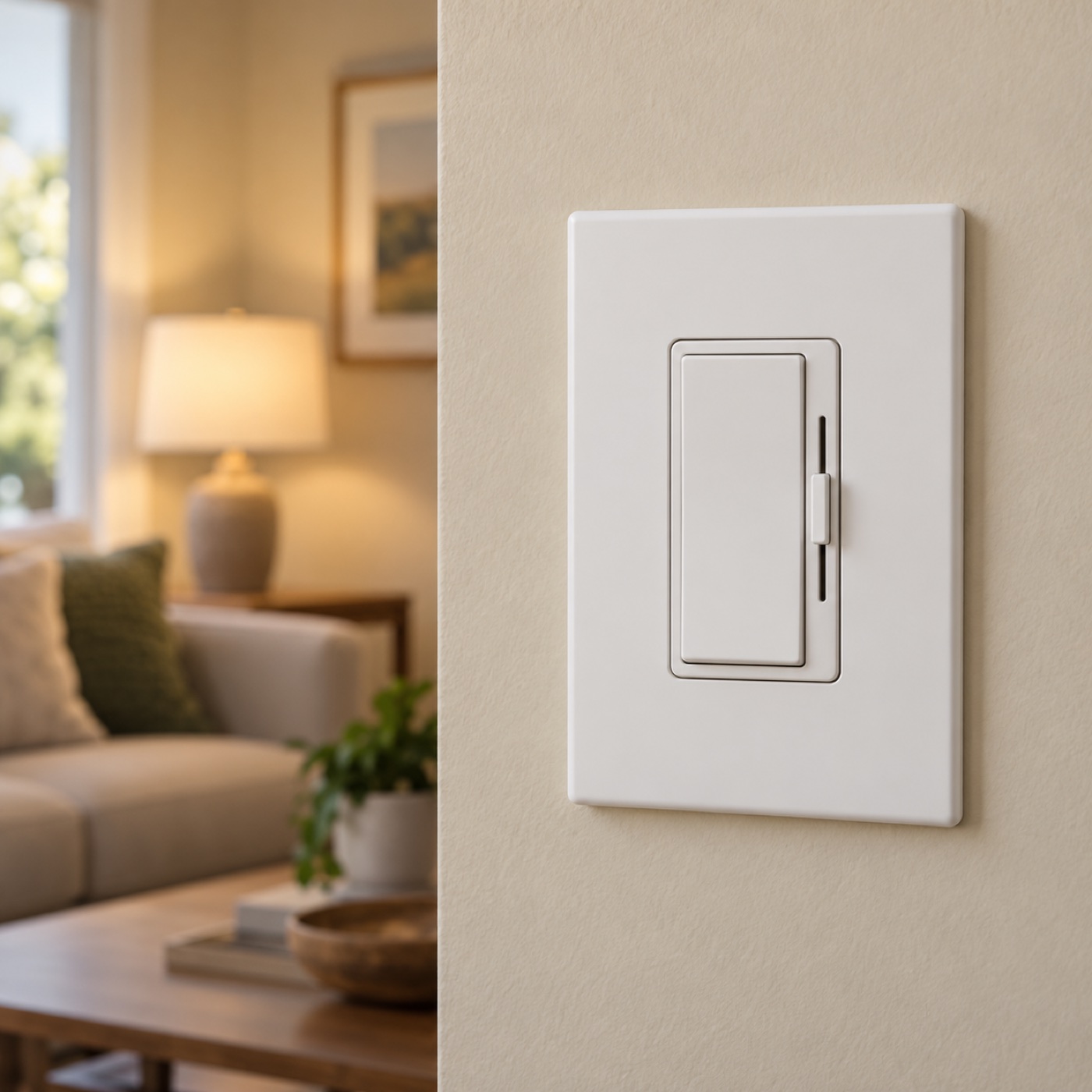 Example of a modern white paddle dimmer switch with a vertical dimming control