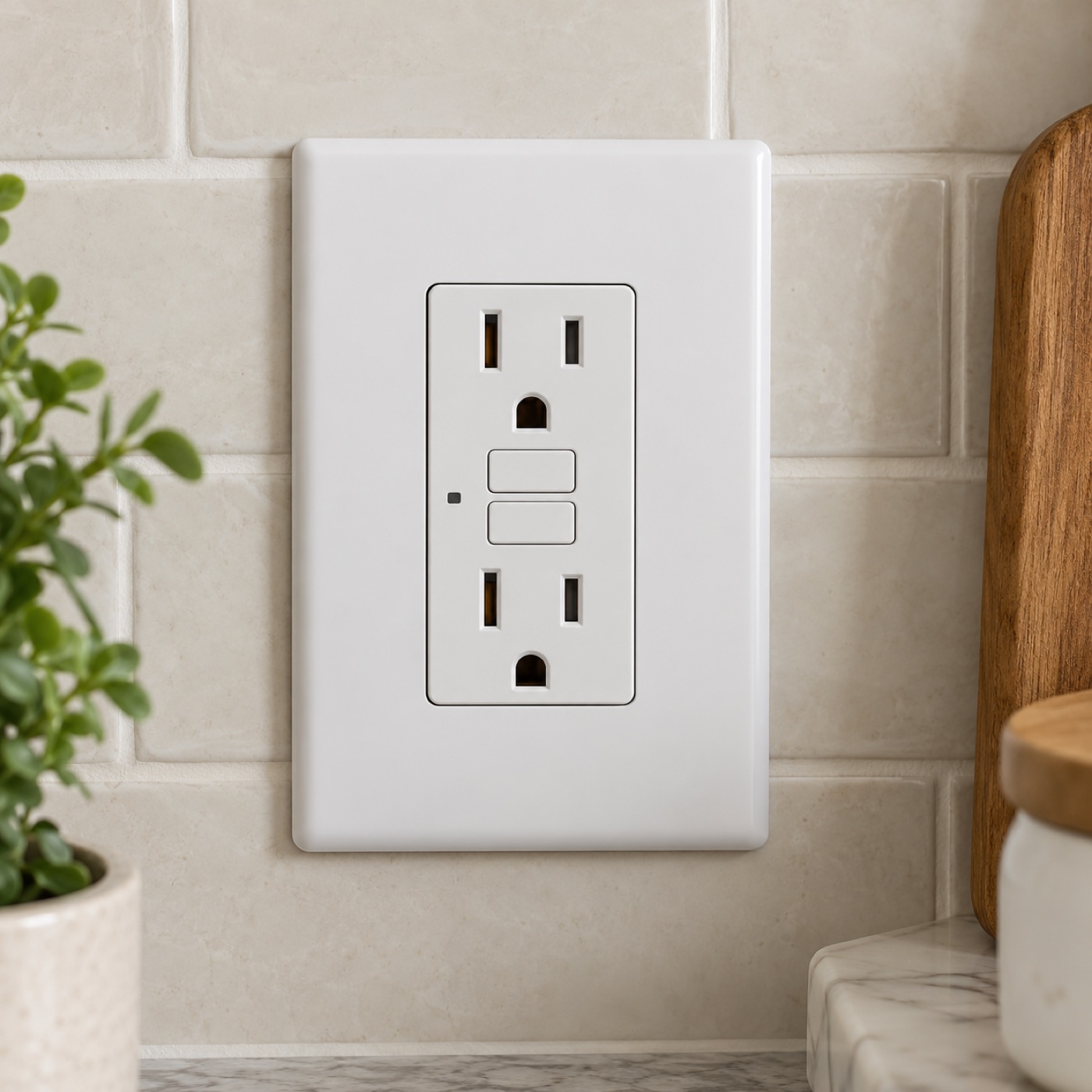 GFCI electrical outlet with test and reset buttons