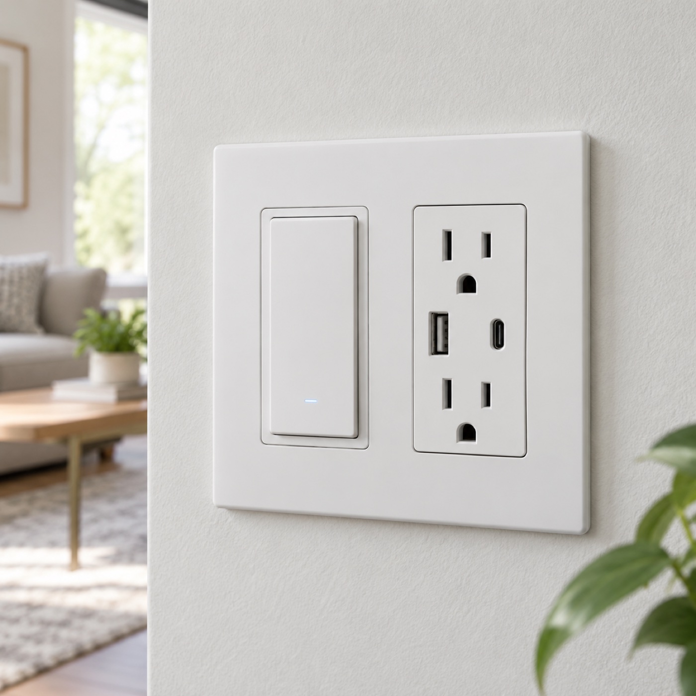 Example of a white smart switch beside a USB-equipped electrical outlet