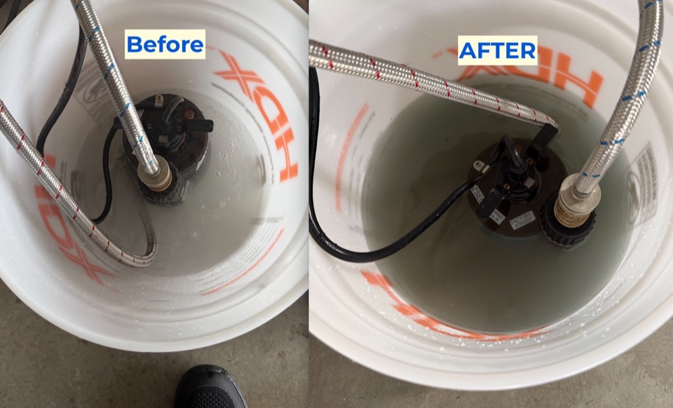 Descaling solution collected during a tankless water heater flush — sediment and mineral buildup removed — Irvine CA